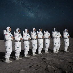 A group of Muslim astronauts in their space suits, delicately aligned in a row on the moon's alien surface, immersed in prayer (Namaz) facing earth, against a backdrop of the star-studded cosmos