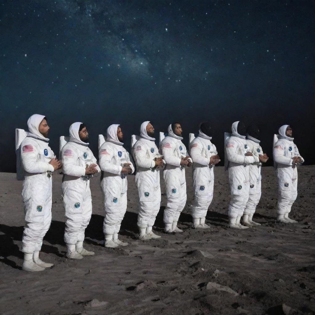 A group of Muslim astronauts in their space suits, delicately aligned in a row on the moon's alien surface, immersed in prayer (Namaz) facing earth, against a backdrop of the star-studded cosmos