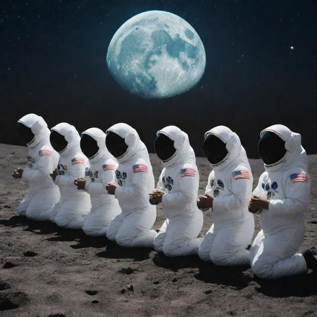 A group of Muslim astronauts in their space suits, delicately aligned in a row on the moon's alien surface, immersed in prayer (Namaz) facing earth, against a backdrop of the star-studded cosmos