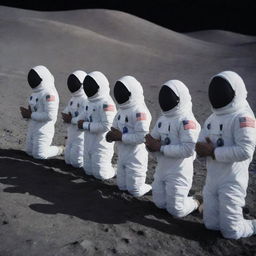 A group of Muslim astronauts in their space suits, delicately aligned in a row on the moon's alien surface, immersed in prayer (Namaz) facing earth, against a backdrop of the star-studded cosmos