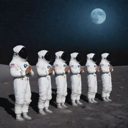 A group of Muslim astronauts in their space suits, delicately aligned in a row on the moon's alien surface, immersed in prayer (Namaz) facing earth, against a backdrop of the star-studded cosmos