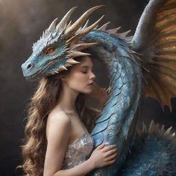 A stunning young maiden with flowing hair gently kissing a majestic dragon with shimmering scales and large, awesome wings