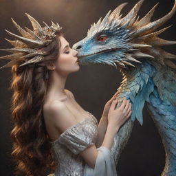 A stunning young maiden with flowing hair gently kissing a majestic dragon with shimmering scales and large, awesome wings