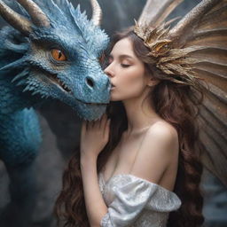 A stunning young maiden with flowing hair gently kissing a majestic dragon with shimmering scales and large, awesome wings