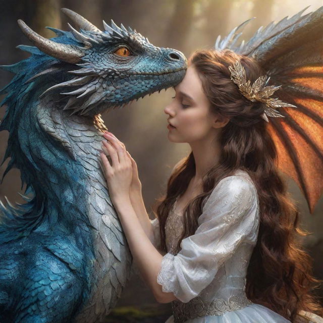 A stunning young maiden with flowing hair gently kissing a majestic dragon with shimmering scales and large, awesome wings