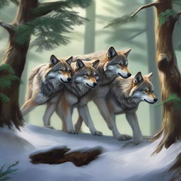 A high-quality digital art image illustrating a pack of wolves working together, pulling down a long tree branch with their strong jaws