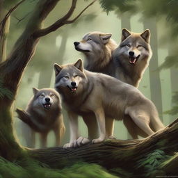 A high-quality digital art image illustrating a pack of wolves working together, pulling down a long tree branch with their strong jaws