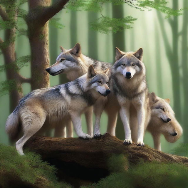 A high-quality digital art image illustrating a pack of wolves working together, pulling down a long tree branch with their strong jaws