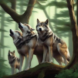 A high-quality digital art image illustrating a pack of wolves working together, pulling down a long tree branch with their strong jaws