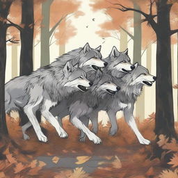 A high-quality digital art image showing a pack of wolves pulling a long branch, with a person holding onto the other end