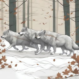 A high-quality digital art image showing a pack of wolves pulling a long branch, with a person holding onto the other end