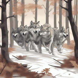 A high-quality digital art image showing a pack of wolves pulling a long branch, with a person holding onto the other end