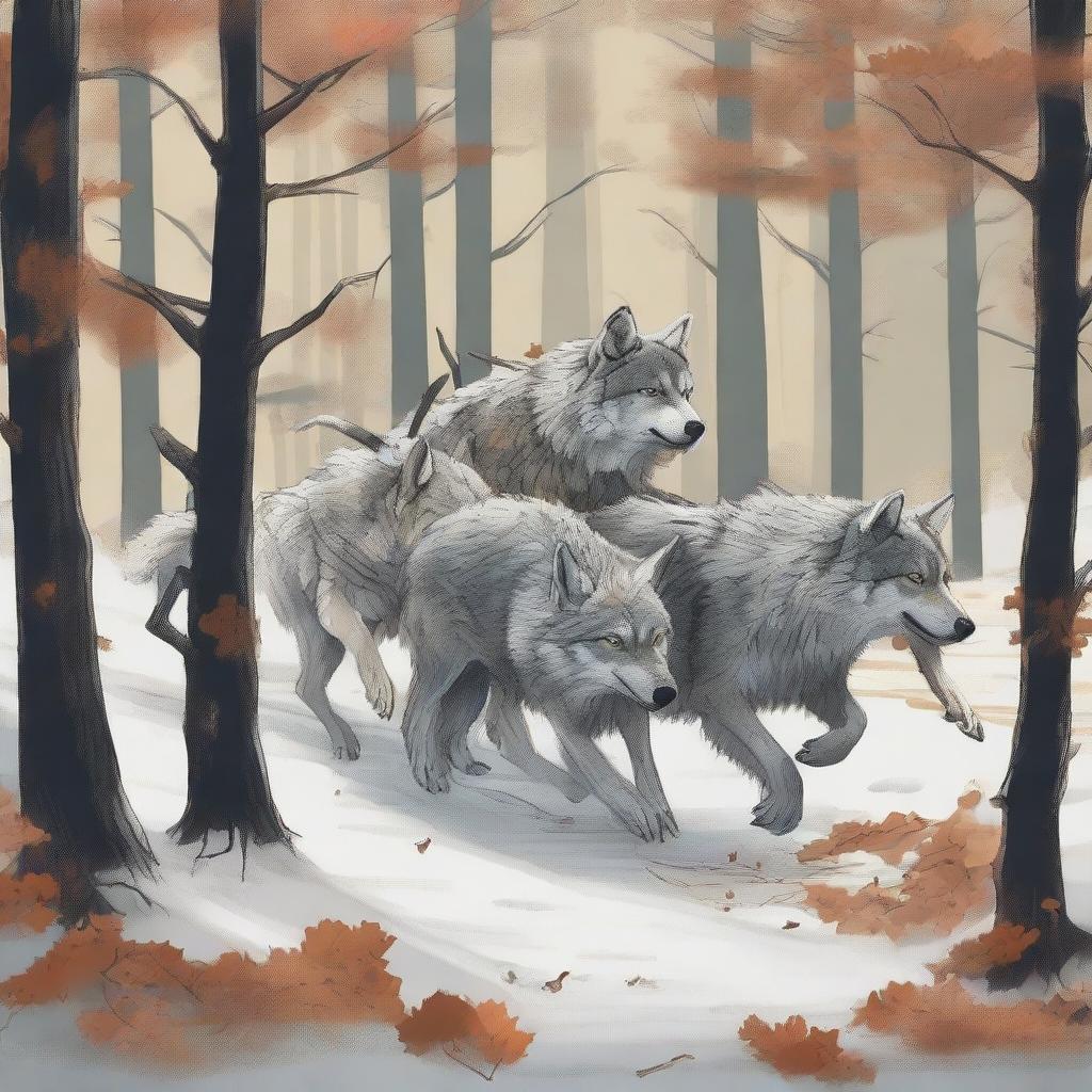 A high-quality digital art image showing a pack of wolves pulling a long branch, with a person holding onto the other end