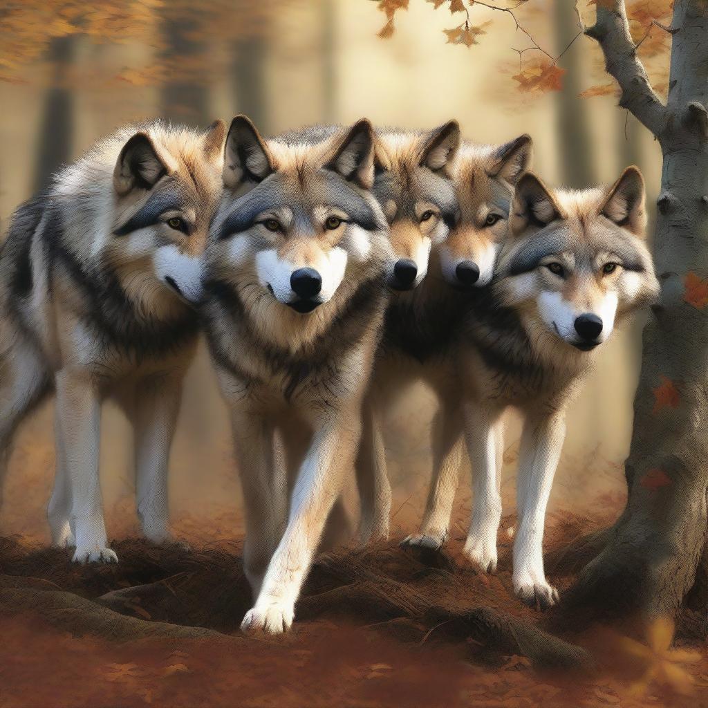 A high-quality digital art image featuring a pack of wolves pulling a long branch together