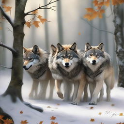 A high-quality digital art image featuring a pack of wolves pulling a long branch together