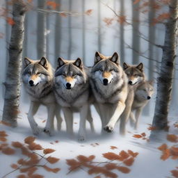 A high-quality digital art image featuring a pack of wolves pulling a long branch together