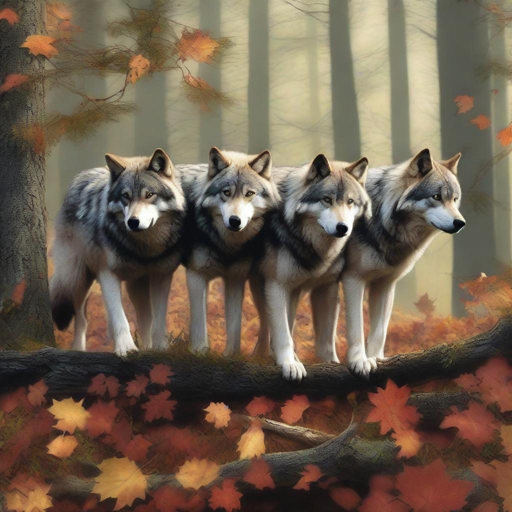 A high-quality digital art image featuring a pack of wolves pulling a long branch together