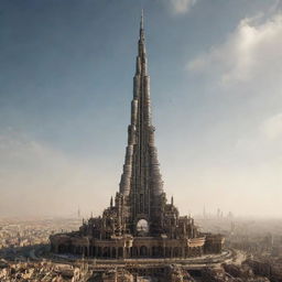 The Burj Khalifa as interpreted in a steampunk aesthetic, featuring 19th-century industrial steam-powered machinery elements superimposed on the modern structure