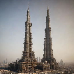 The Burj Khalifa as interpreted in a steampunk aesthetic, featuring 19th-century industrial steam-powered machinery elements superimposed on the modern structure