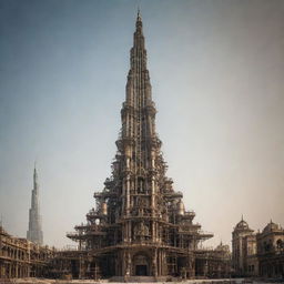 The Burj Khalifa as interpreted in a steampunk aesthetic, featuring 19th-century industrial steam-powered machinery elements superimposed on the modern structure