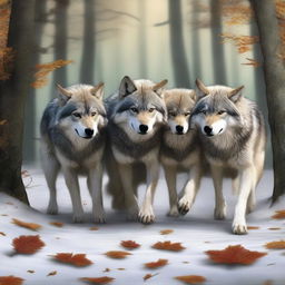 A high-quality digital art image illustrating a pack of wolves pulling a long branch together