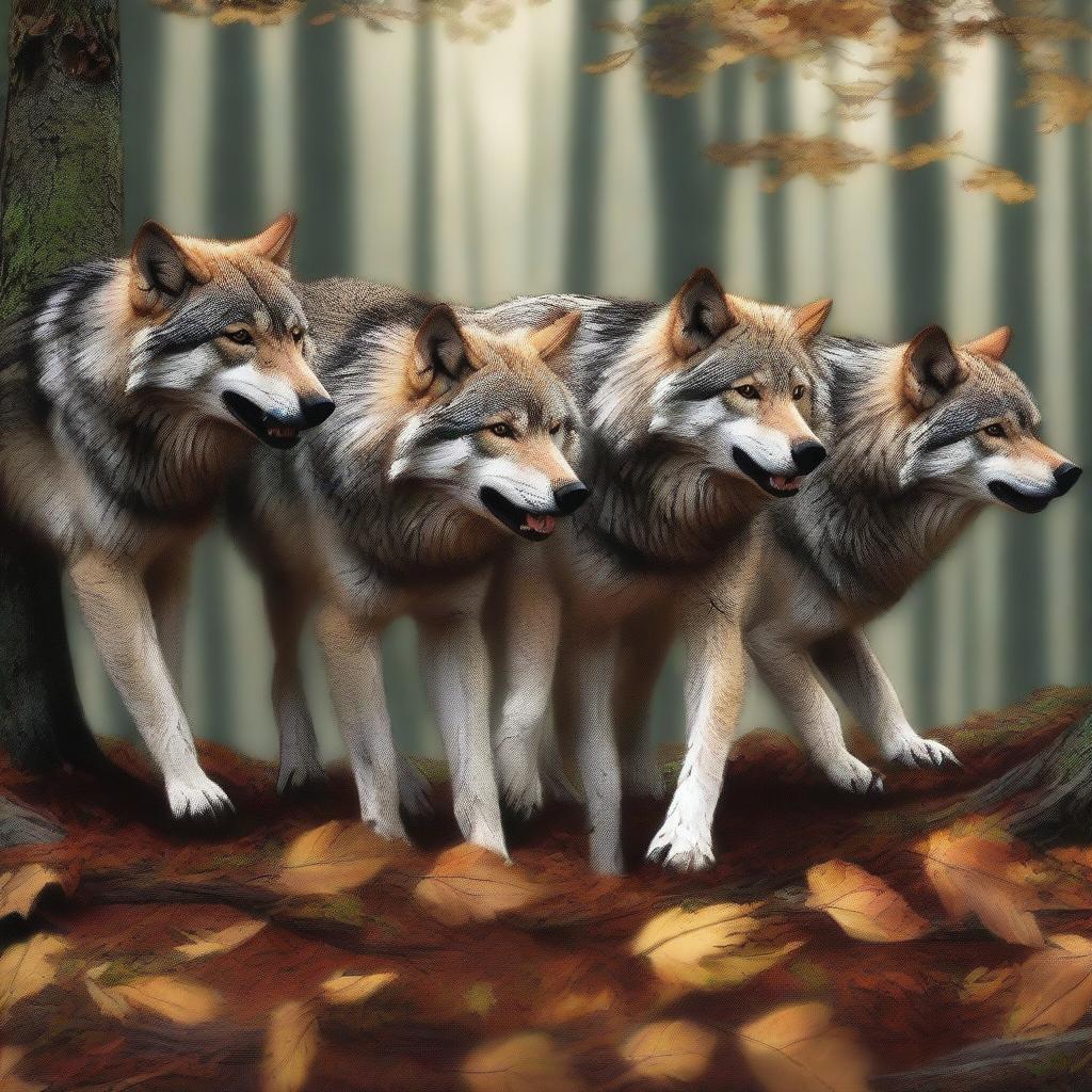 A high-quality digital art image illustrating a pack of wolves pulling a long branch together