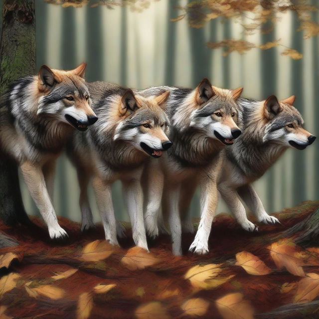 A high-quality digital art image illustrating a pack of wolves pulling a long branch together