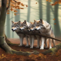 A high-quality digital art image illustrating a pack of wolves pulling a long branch together