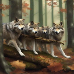 A high-quality digital art image illustrating a pack of wolves pulling a long branch together