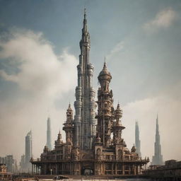 The Burj Khalifa as interpreted in a steampunk aesthetic, featuring 19th-century industrial steam-powered machinery elements superimposed on the modern structure