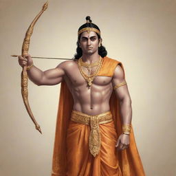 A striking illustration of Lord Ram, draped in royal attire, holding his divine bow and arrow, exhibiting a calm and dignified countenance.