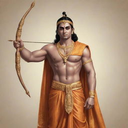 A striking illustration of Lord Ram, draped in royal attire, holding his divine bow and arrow, exhibiting a calm and dignified countenance.