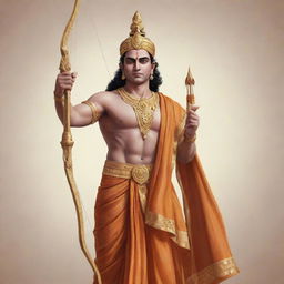 A striking illustration of Lord Ram, draped in royal attire, holding his divine bow and arrow, exhibiting a calm and dignified countenance.