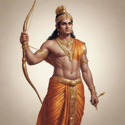 A striking illustration of Lord Ram, draped in royal attire, holding his divine bow and arrow, exhibiting a calm and dignified countenance.