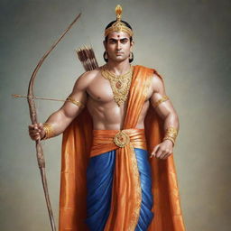 A striking illustration of Lord Ram, draped in royal attire, holding his divine bow and arrow, exhibiting a calm and dignified countenance.