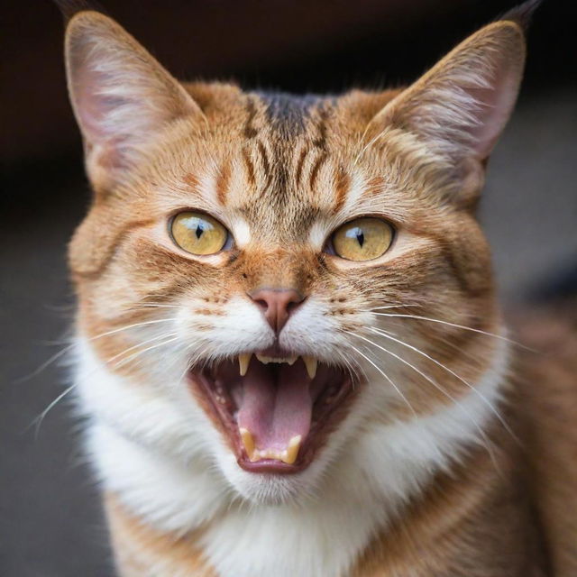 A fully bristled, agitated cat with pointed ears tilted back, glaring with sparkling, narrowed golden eyes and showing its sharp teeth