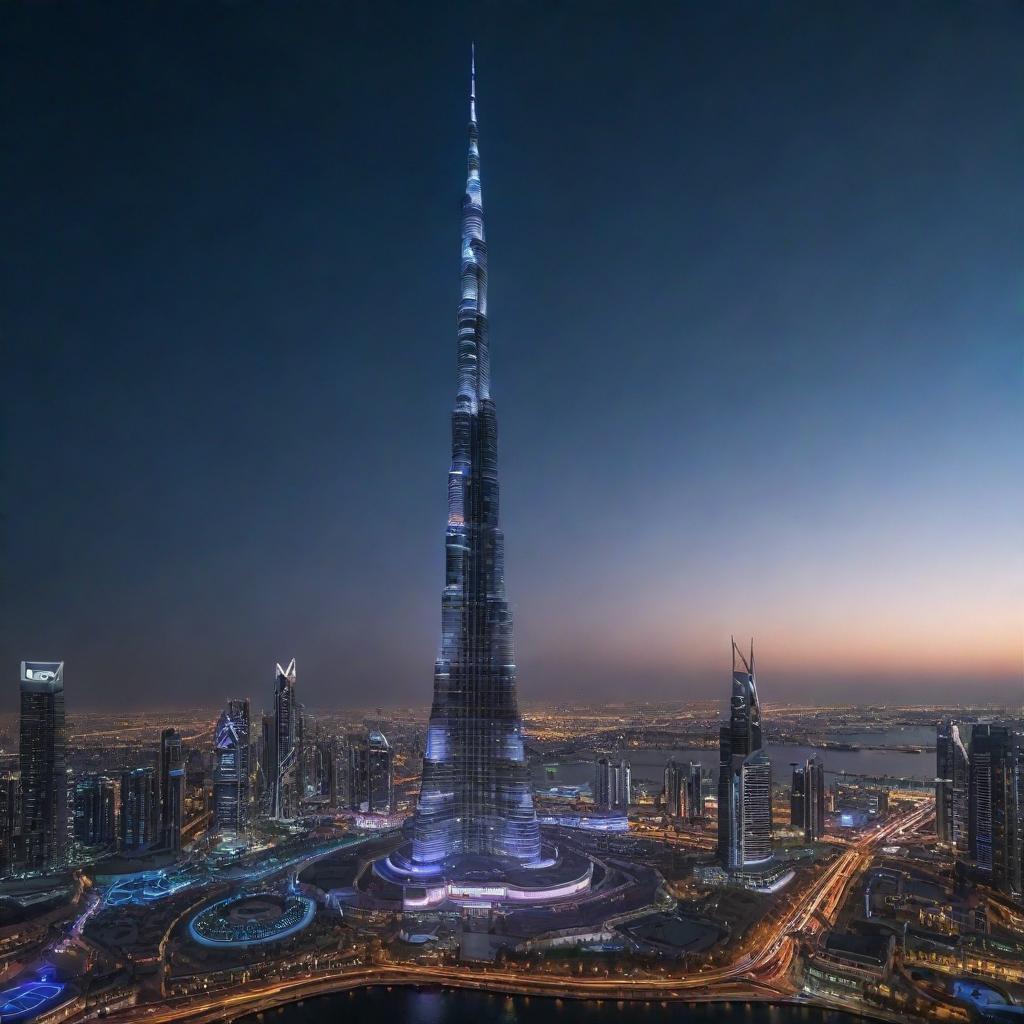 The Burj Khalifa redesigned in an electropunk aesthetic, with futuristic digital design, neon lights, and electronic gadgetry enhancing its structure