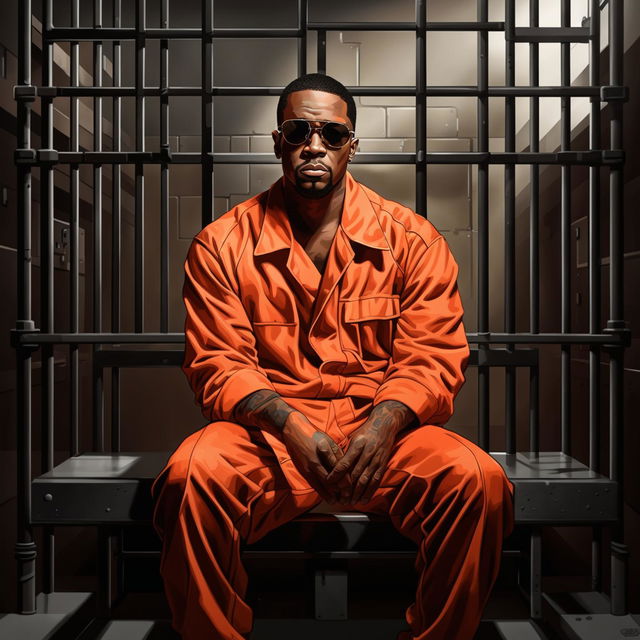 A high-quality, realistic digital art depicting American rapper P Diddy in a jail cell