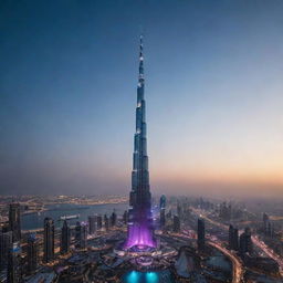 The Burj Khalifa redesigned in an electropunk aesthetic, with futuristic digital design, neon lights, and electronic gadgetry enhancing its structure