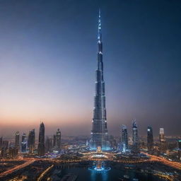 The Burj Khalifa redesigned in an electropunk aesthetic, with futuristic digital design, neon lights, and electronic gadgetry enhancing its structure