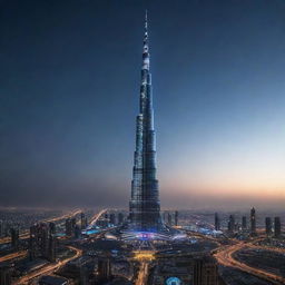 The Burj Khalifa redesigned in an electropunk aesthetic, with futuristic digital design, neon lights, and electronic gadgetry enhancing its structure