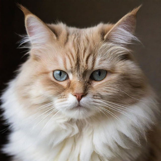 A fluffy cat with downturned ears and droopy eyes, portraying a sense of sadness and melancholy