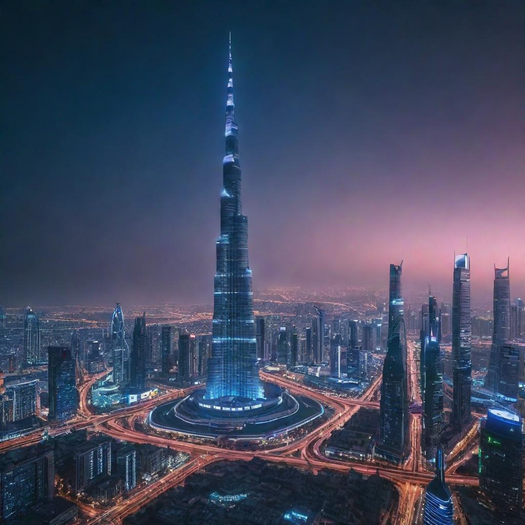 The Burj Khalifa portrayed in a cyberpunk aesthetic, adorned with neon lights, large digital billboards, surrounded by a dystopian, high-tech cityscape