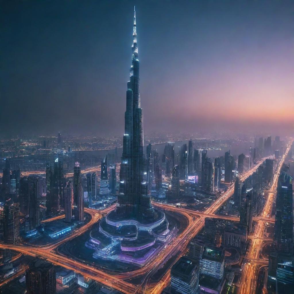 The Burj Khalifa portrayed in a cyberpunk aesthetic, adorned with neon lights, large digital billboards, surrounded by a dystopian, high-tech cityscape