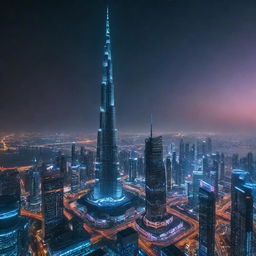 The Burj Khalifa portrayed in a cyberpunk aesthetic, adorned with neon lights, large digital billboards, surrounded by a dystopian, high-tech cityscape