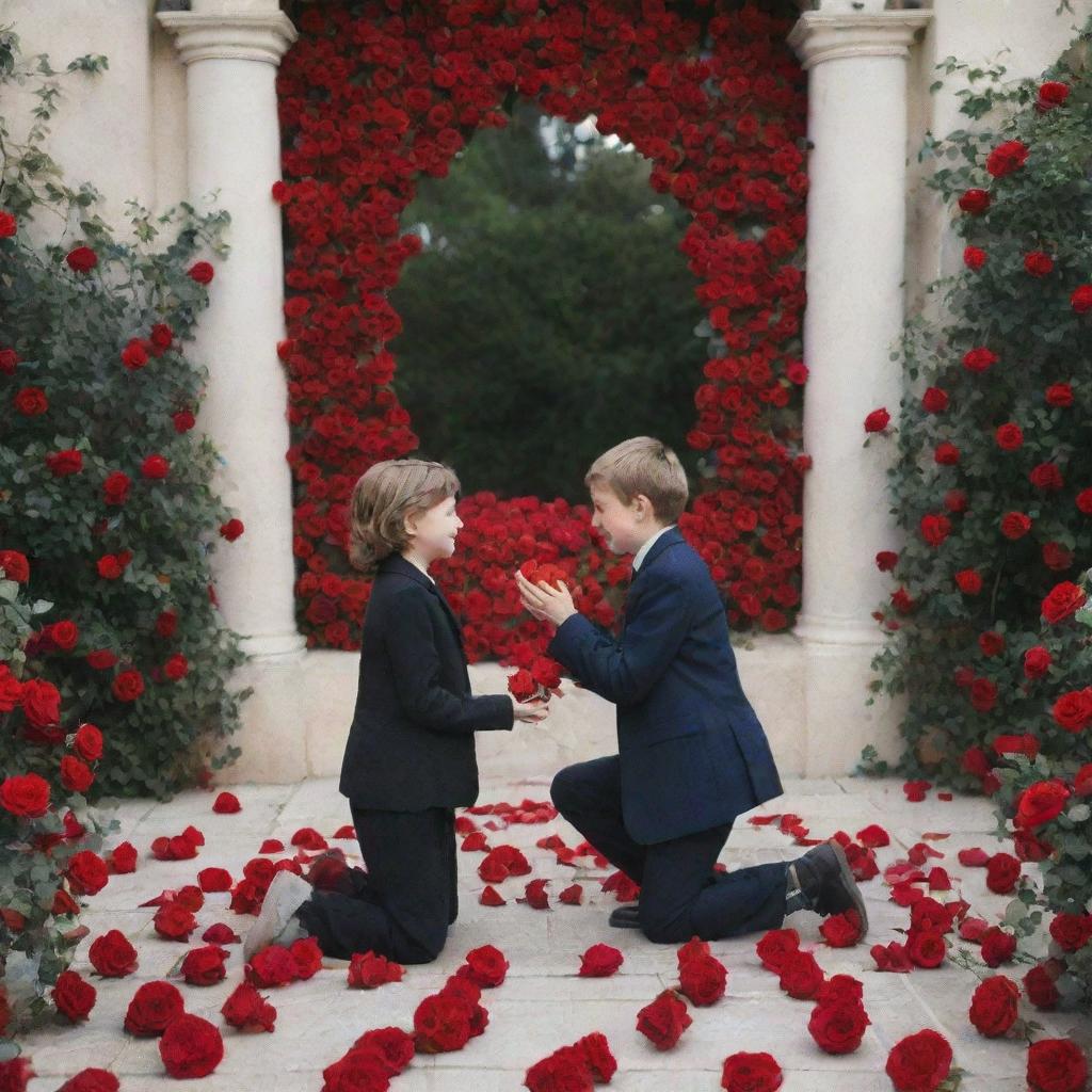 A young boy romantically proposing to a girl surrounded by red roses