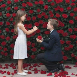 A young boy romantically proposing to a girl surrounded by red roses