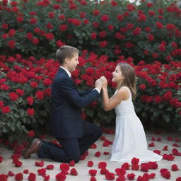 A young boy romantically proposing to a girl surrounded by red roses