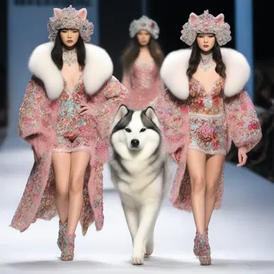 The runway show dazzled with models strutting down in intricately designed outfits inspired by the majestic appearance of the malamute.