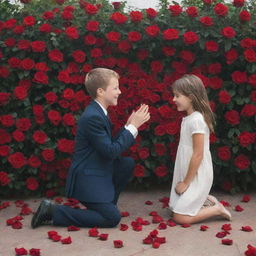 A young boy romantically proposing to a girl surrounded by red roses